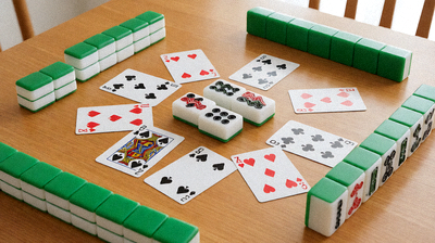 經典棋牌游戲場景，包含撲克牌和麻將元素