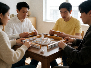 麻將牌局特寫，四方玩家正在博弈